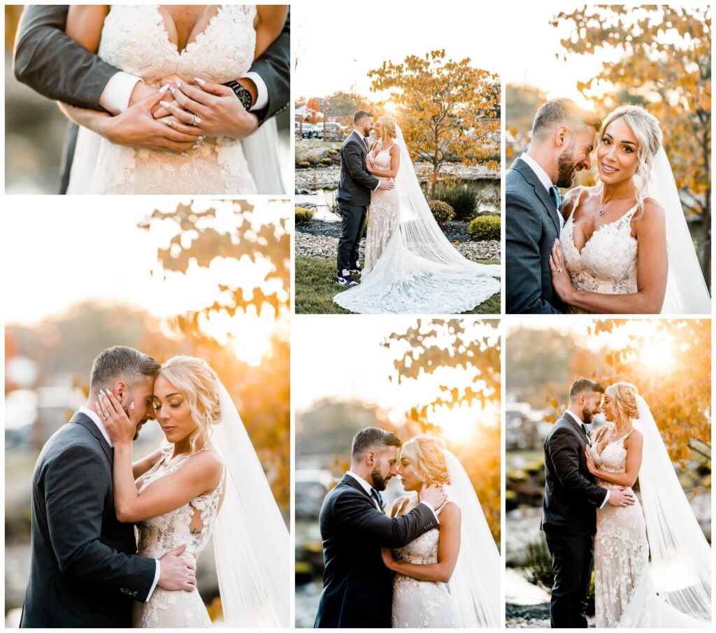 bride and groom cuddling at sunset at ohio barn wedding captured by three and eight photography