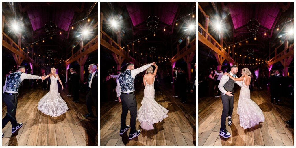bride and groom dancing at wedding reception at ohio barn wedding at tall oaks
