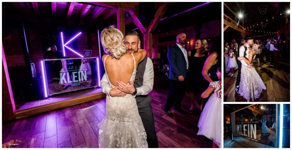 bride and groom hugging on dance floor at tall oaks event complex