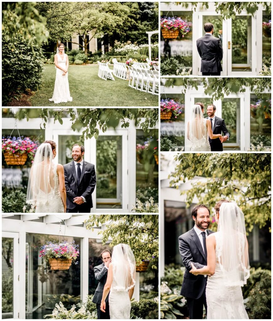 bride and groom first look outside at walden inn wedding 
