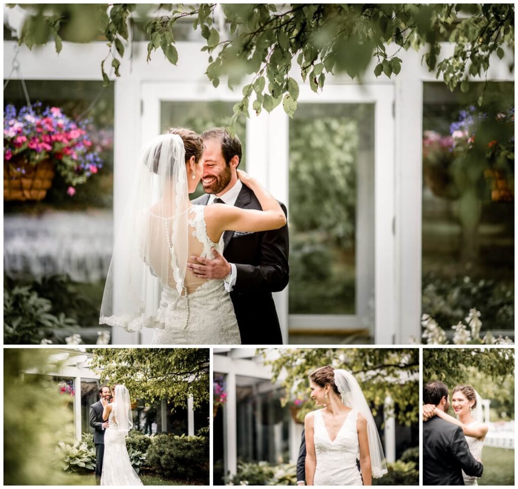 bride and groom hugging outside walden in captured by three and eight photography