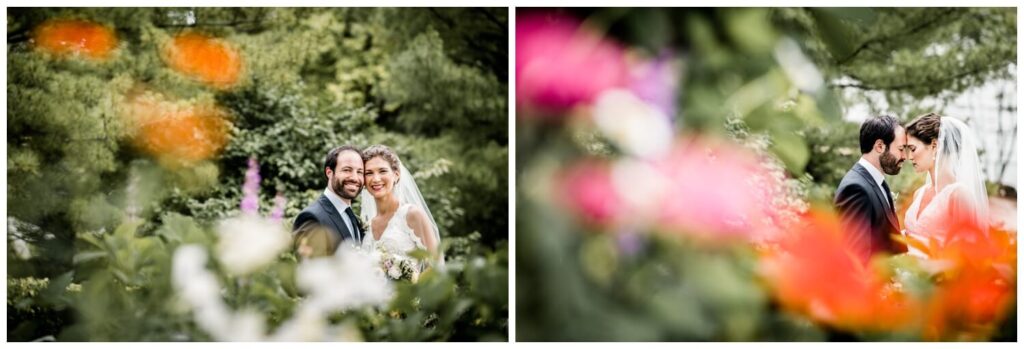 bride and groom amongst the flowers outside of walden inn on wedding day