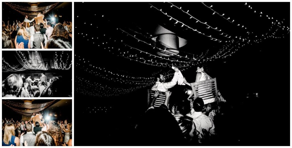 bride and groom lifted on chairs at walden inn wedding reception