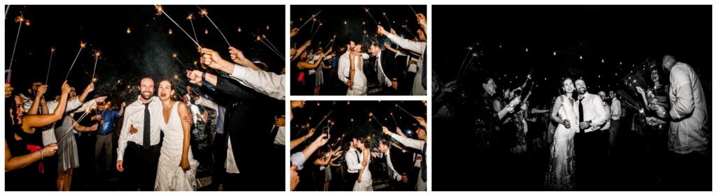 bride and groom sparkler exit at walden inn wedding outside at night