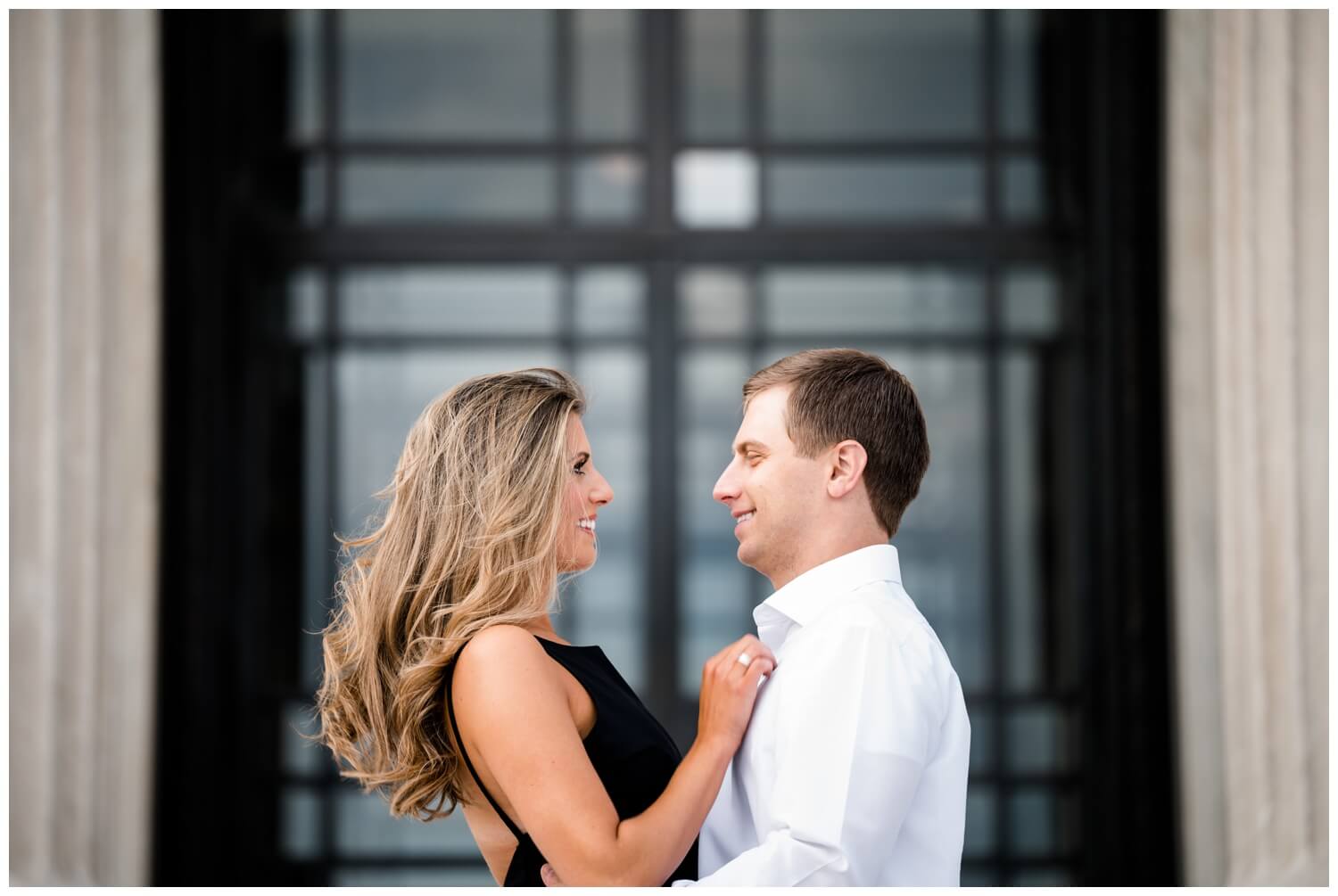 bride and groom in Cleveland Art Museum Engagement Photos at Sunset