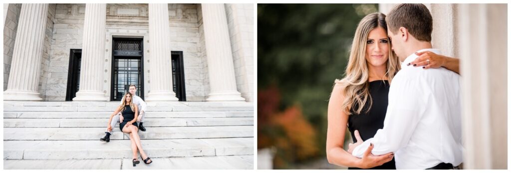 bride and groom in cleveland art museum engagement photos