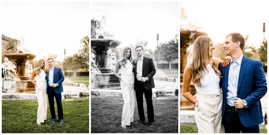 bride and groom laughing in Cleveland Art Museum Engagement Photos at Sunset