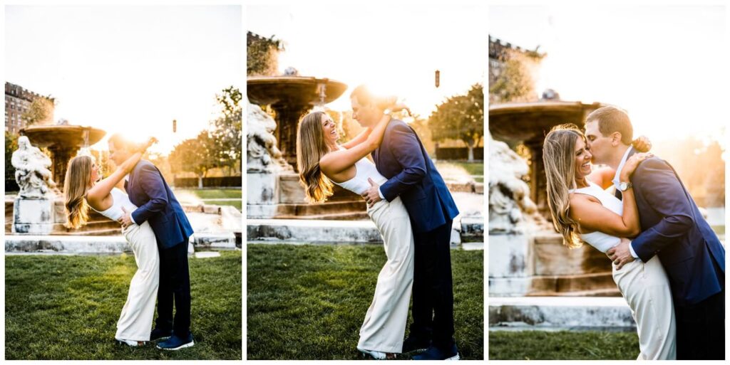 bride and groom posing and laughing at sunset in cleveland engagement photos