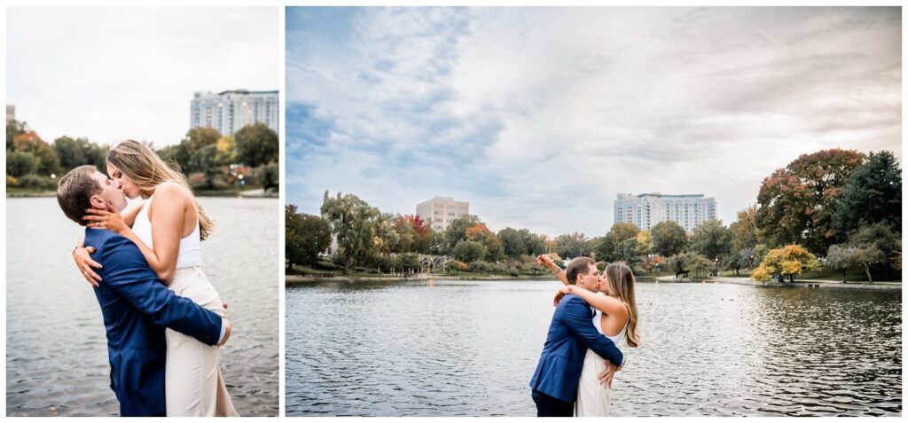 bride and groom kissing in front of water at cleveland art museum for engagement photos