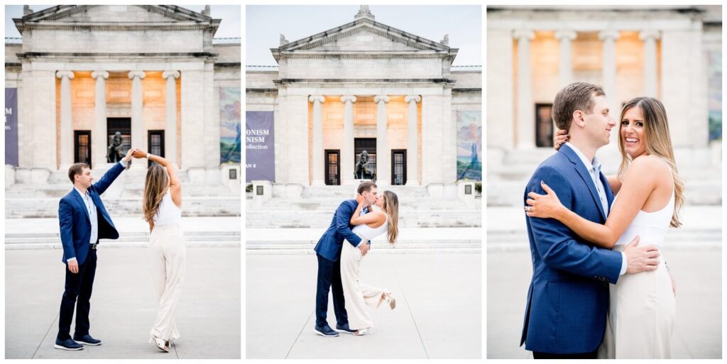 bride and groom twirling and kissing for Cleveland Art Museum Engagement Photos
