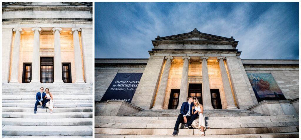 bride and groom sitting on steps of the cleveland art museum