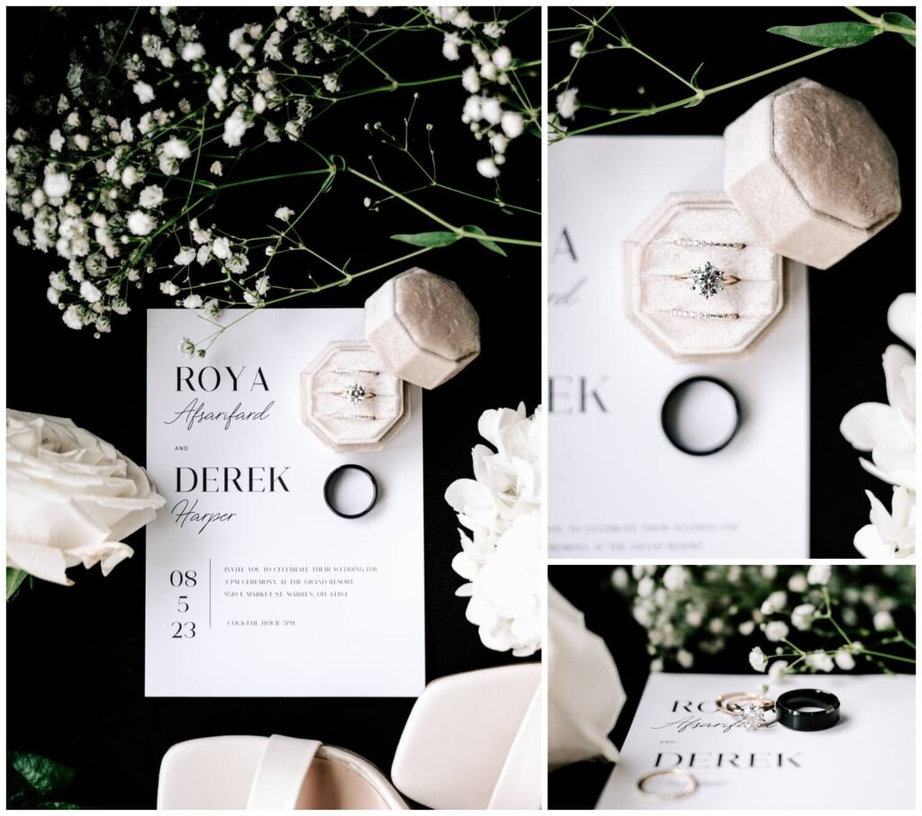 wedding details rings and invitation set for cleveland wedding captured by three and eight