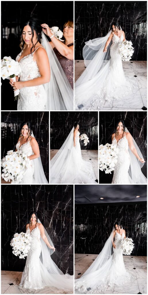 bride posing with veil at avalon country club wedding captured by three and eight photography