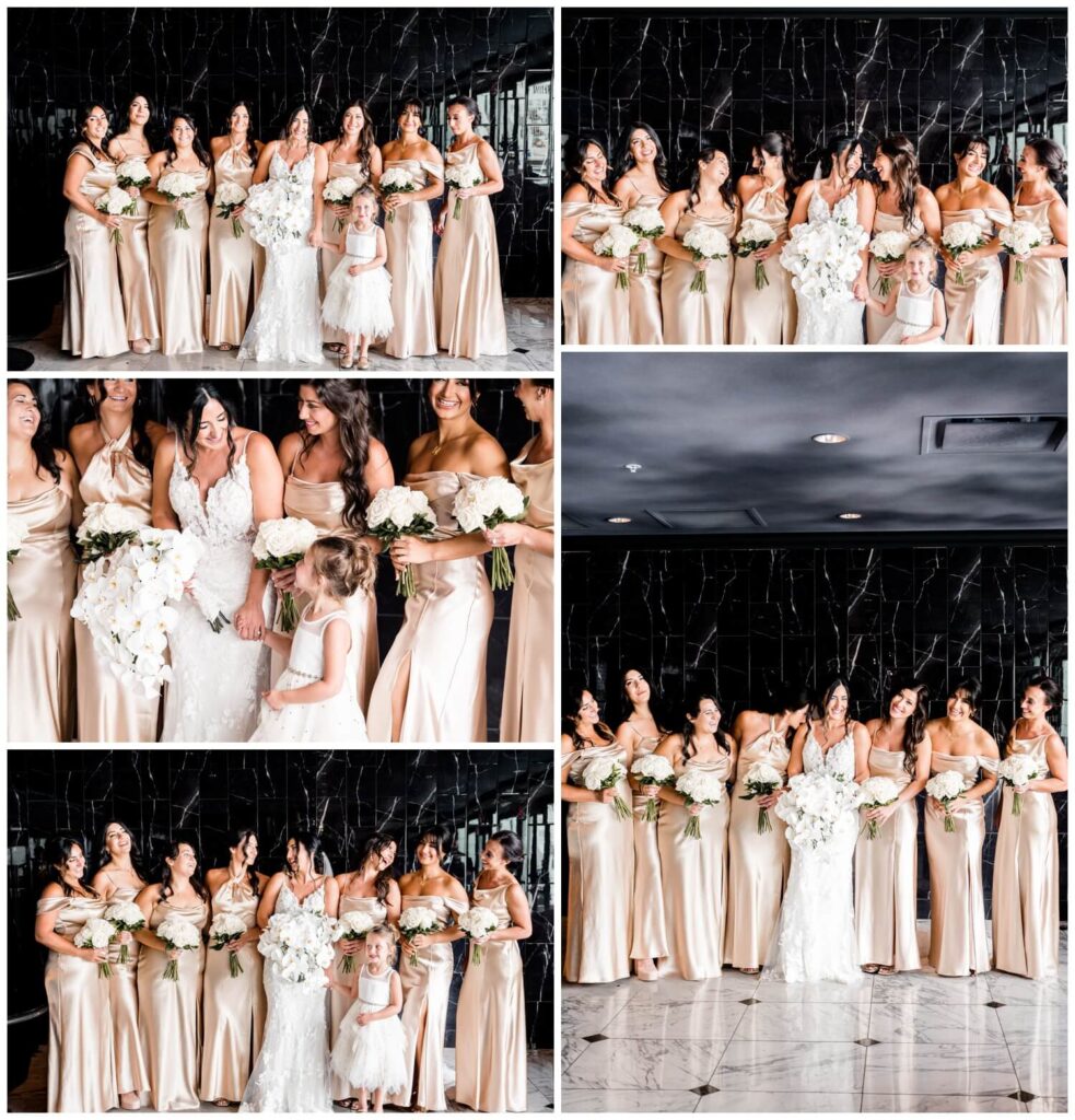 bride with bridesmaids at avalon country club on wedding day at the grand resort