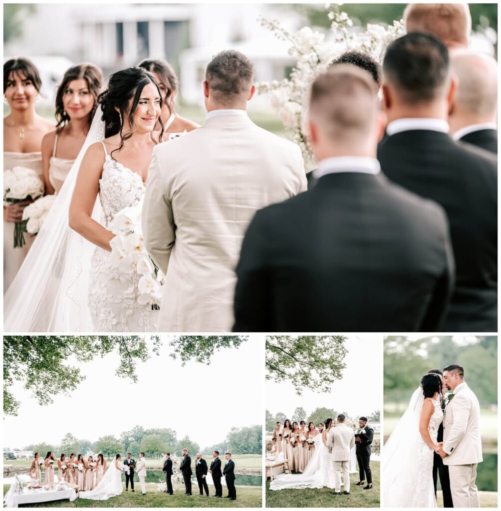 wedding ceremony at avalon country club outside in the summer bride looking at groom