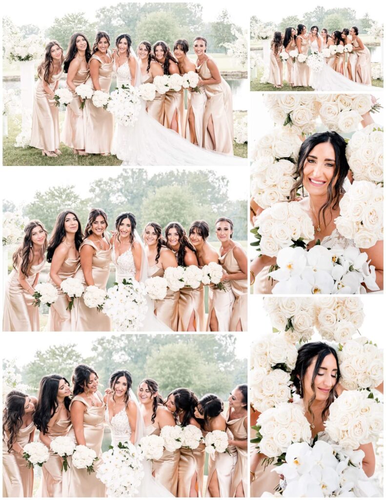bride and bridesmaids posing outside on wedding day at avalon country club