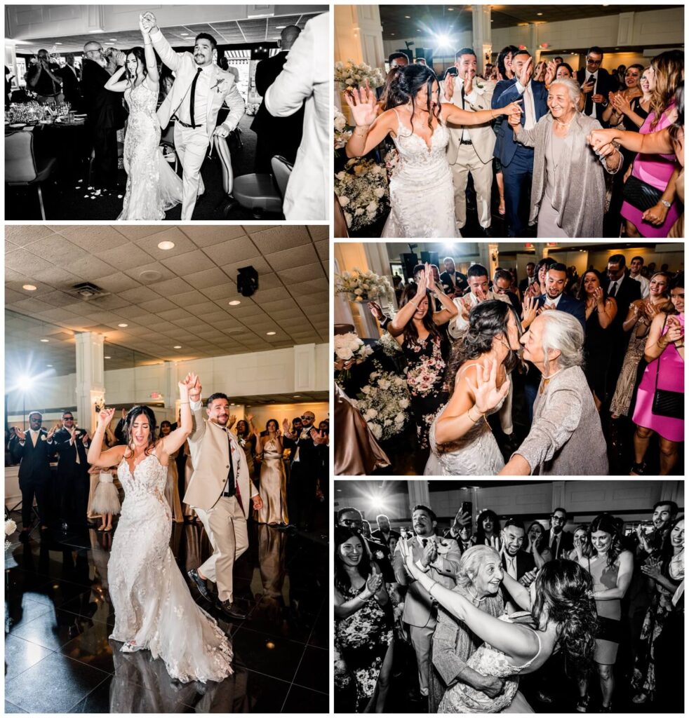 bride and groom dancing with wedding guests at avalon country club