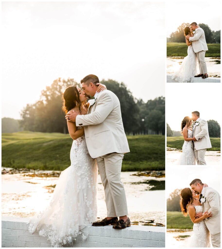bride and groom kissing at avalon country club outside at sunset