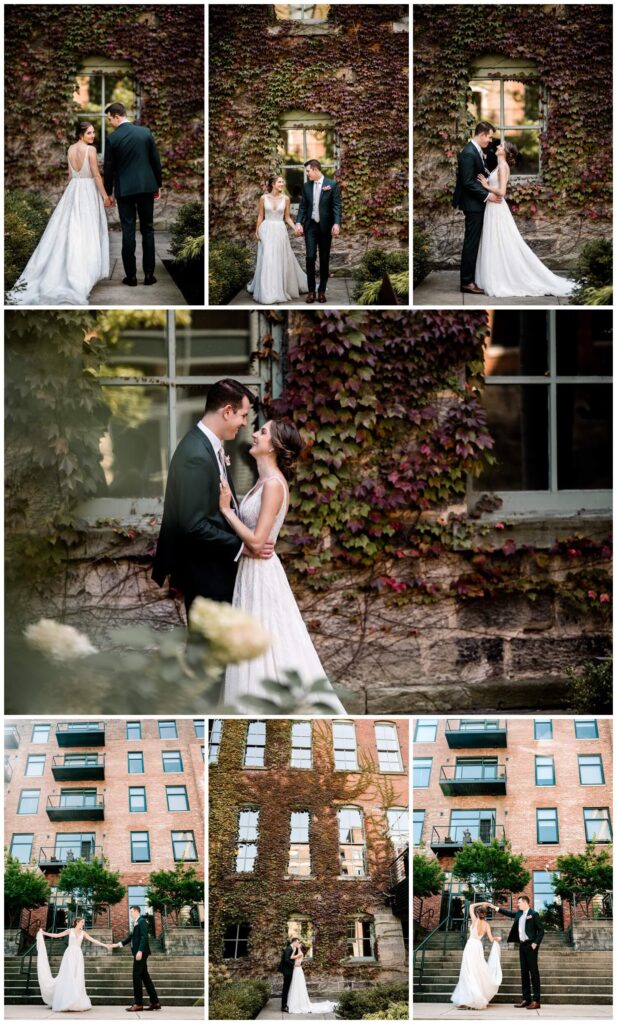 bride and groom posing in courtyard garden in downtown cleveland wedding