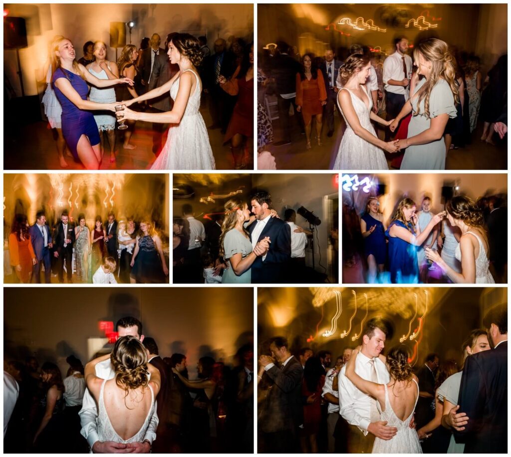 bride and groom dancing with guests at the elliot on their wedding day