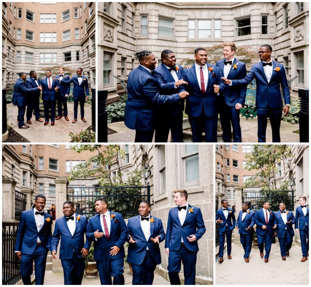 groom with groomsmen in blue suits in garden at Park Lane in Cleveland