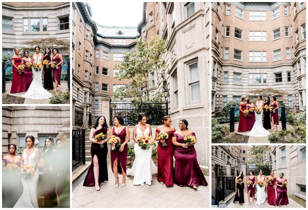 bride and bridesemaids in red dresses in the garden at the ballroom at park lane