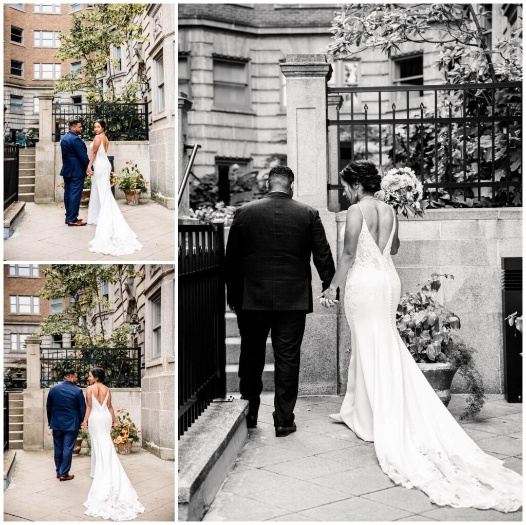 bride and groom walking through the garden at the ballroom at park lane