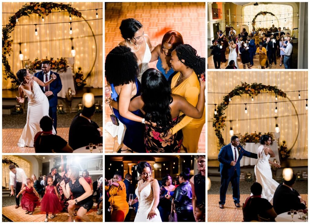 bride and groom dancing with guests on dance floor at the ballroom at park lane