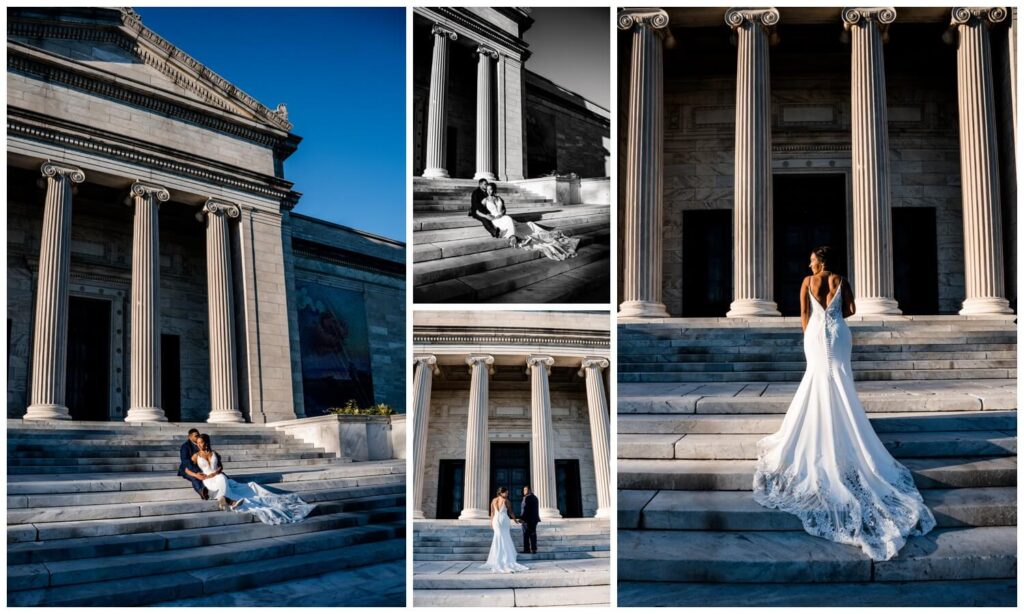 bride and groom on the steps of Cleveland art museum at sunset