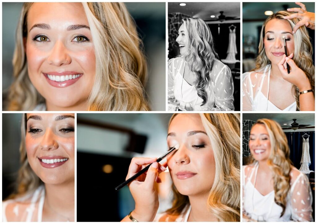 a collage of a woman applying makeup to bride on wedding day