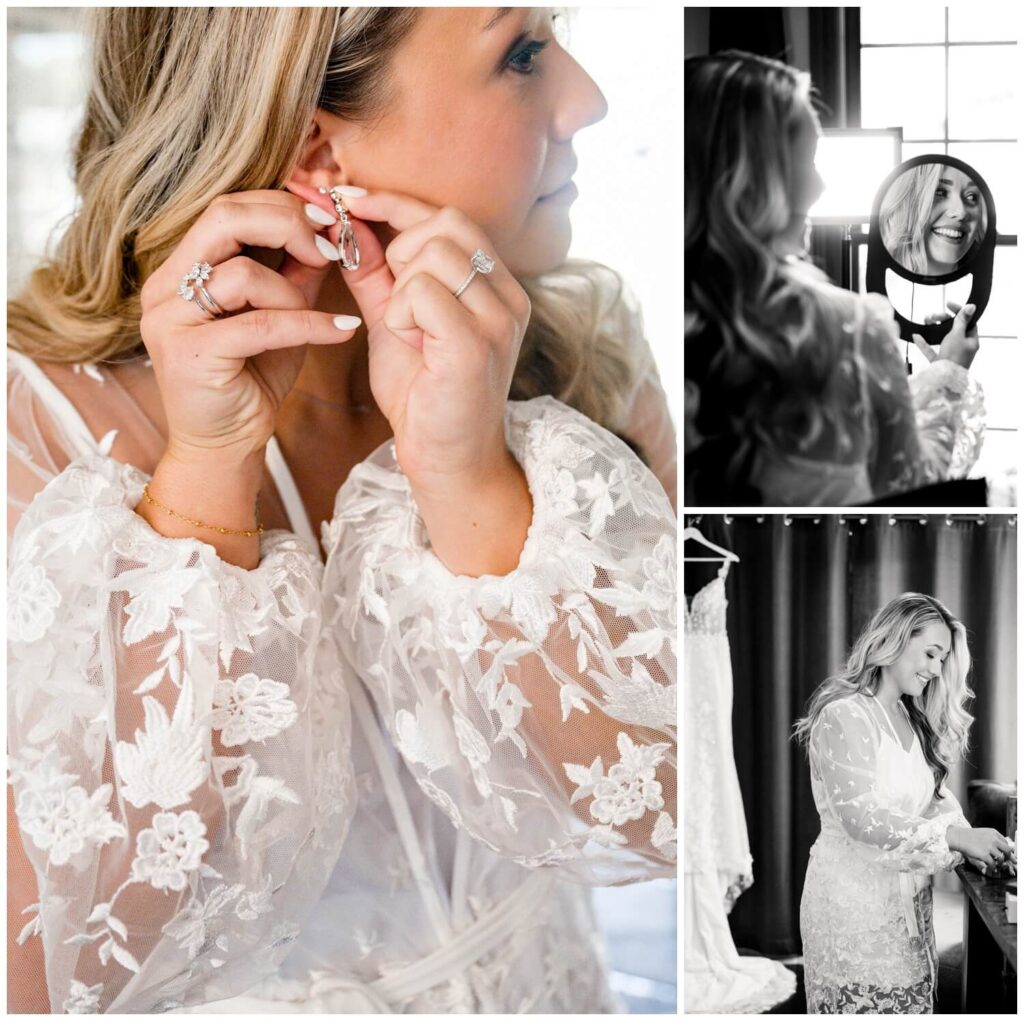 a woman putting on earrings and looking in mirror on her wedding day captured by Three and Eight