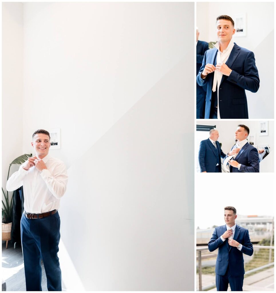 collection of photos of groom getting ready on his wedding day in cleveland