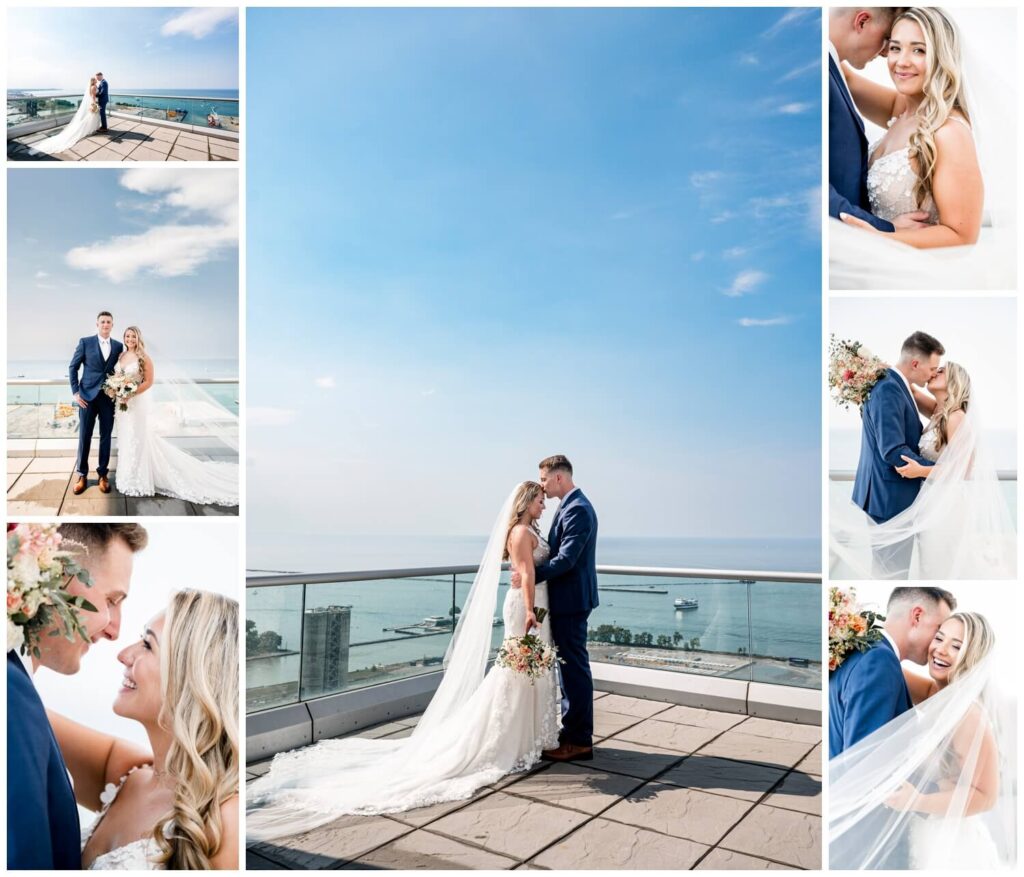 bride and groom posing on rooftop of lago custom events in downtown cleveland