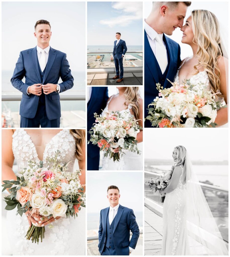 bride and groom photos including the bride's flowers on downtown cleveland rooftop