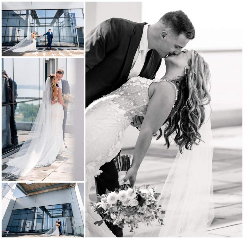 bride and groom kissing on rooftop at aloft downtown cleveland wedding day