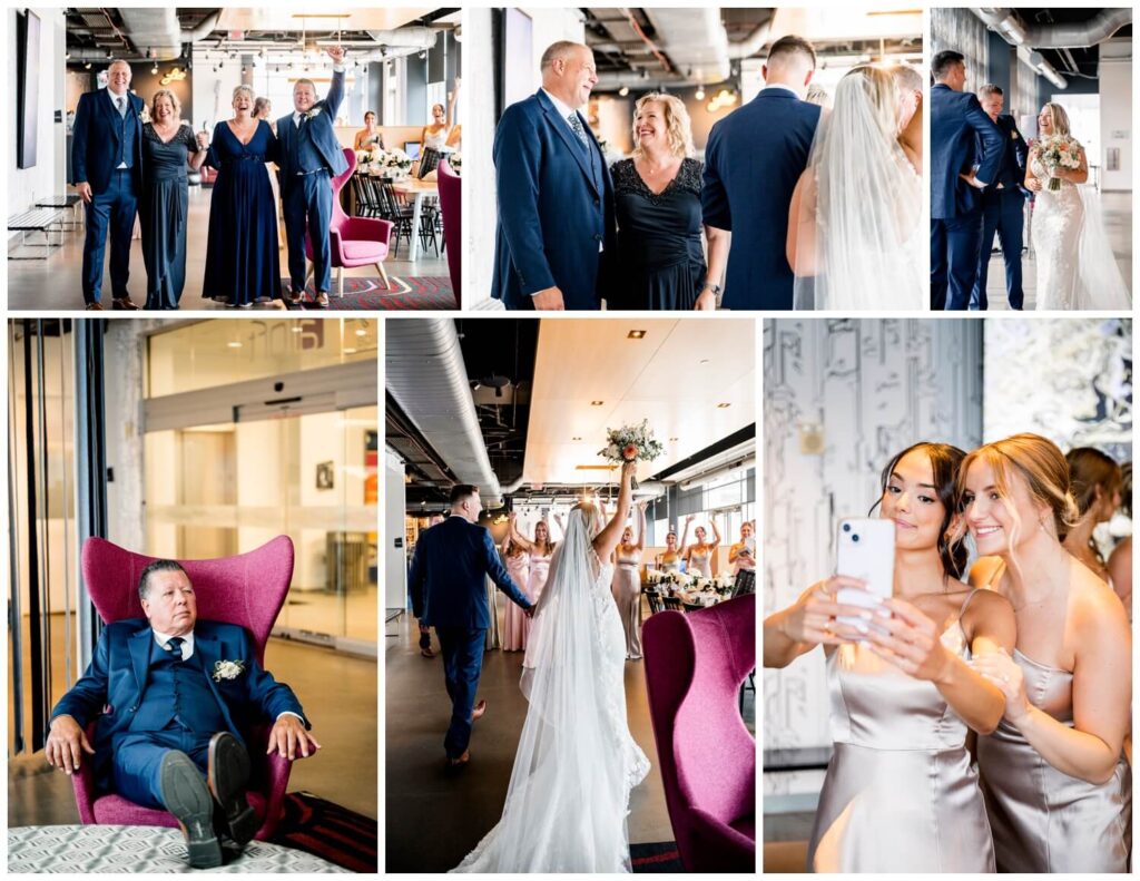 a group of people in formal wear on wedding day at aloft hotel in downtown cleveland