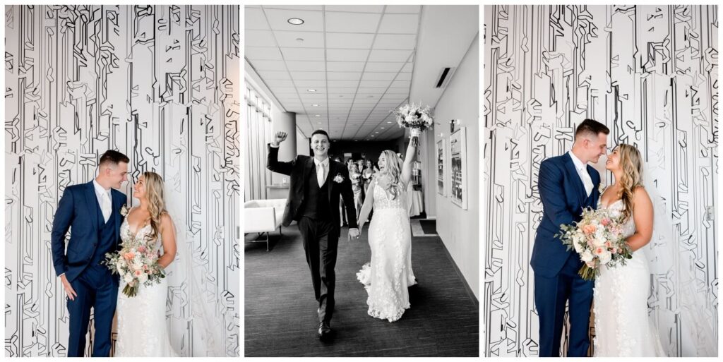 bride and groom posing at the aloft hotel on wedding day in downtown cleveland