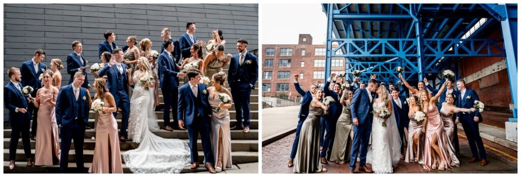 bridal party posing in the East Flats in downtown Cleveland on wedding day