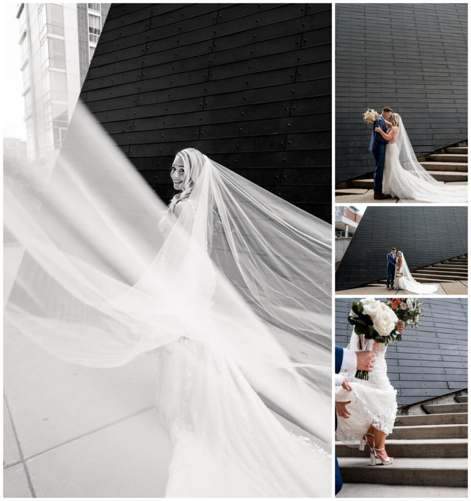 bride posing with veil blowing in the wind captured by three and eight photography