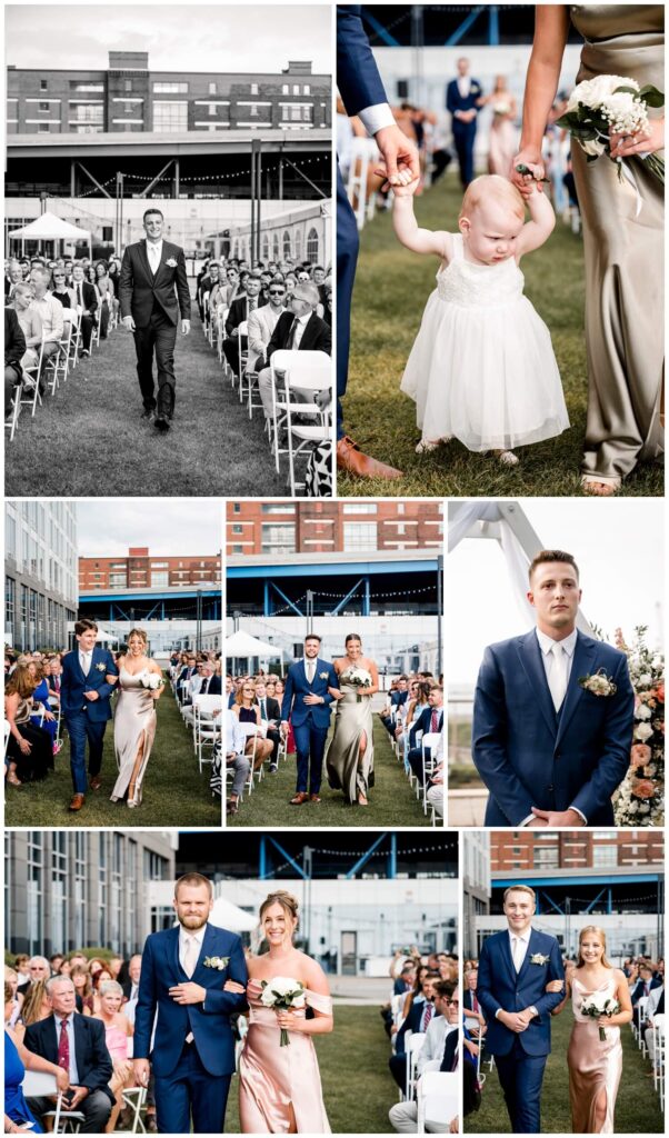 Bridal party walking down the aisle at downtown Cleveland wedding ceremony outside