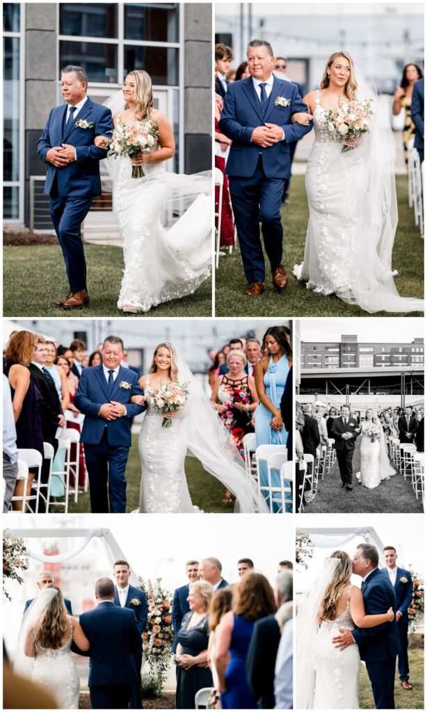 bride walking down the aisle with her father captured by three and eight photography