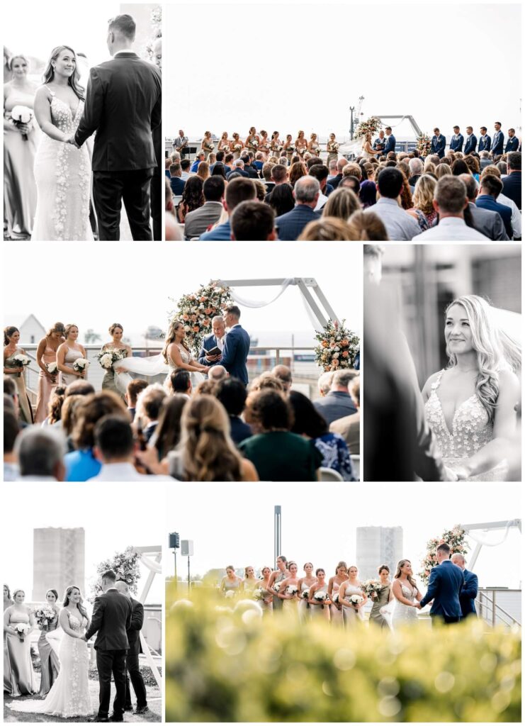 photos from outdoor wedding ceremony at Aloft hotel in downtown cleveland