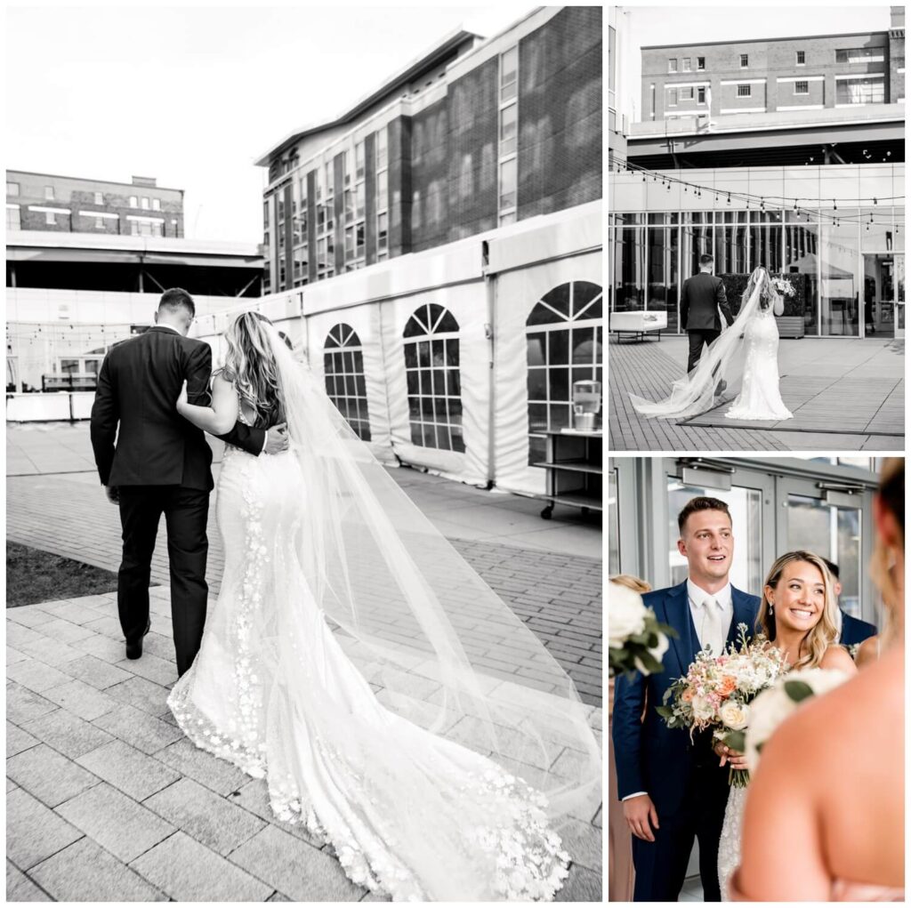 black and white photos of bride and groom walking from behind after wedding ceremony