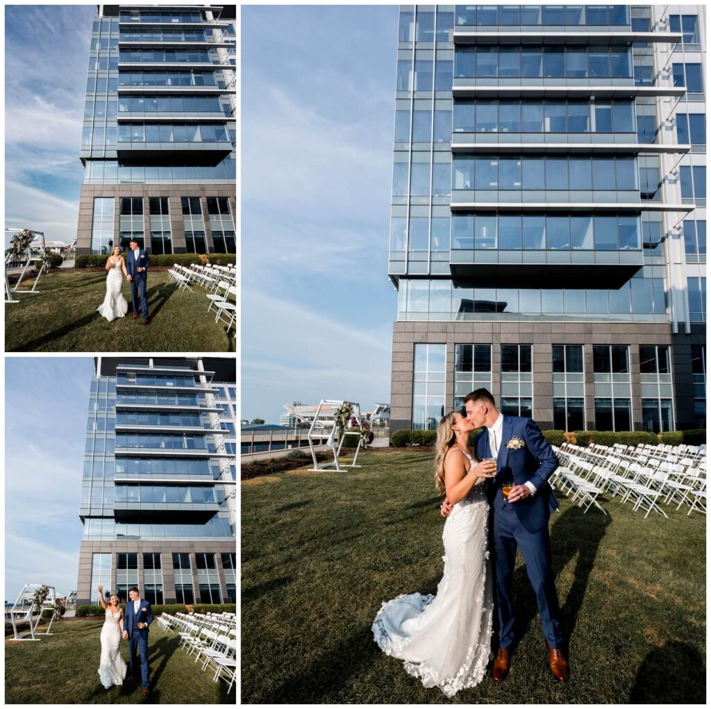 bride and groom walking and kissing at cocktail hour at aloft downtown cleveland wedding