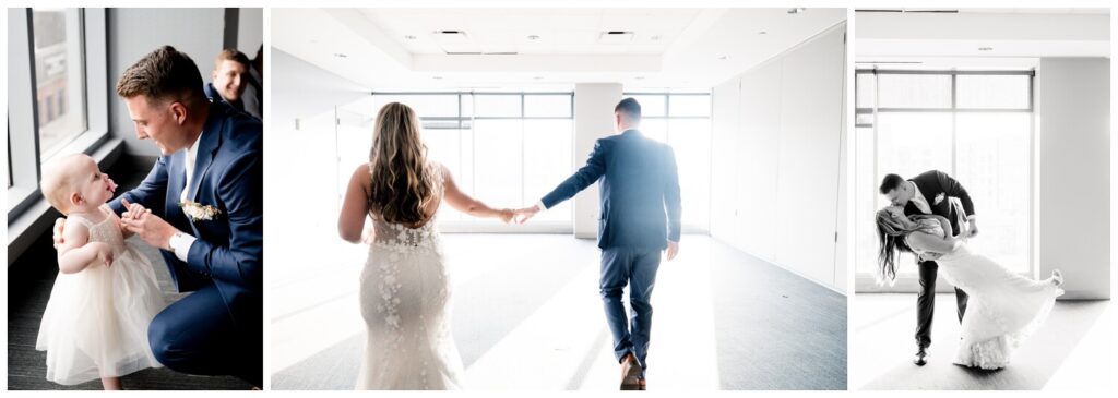 bride and groom posing and practicing a dip at aloft hotel in downtown cleveland