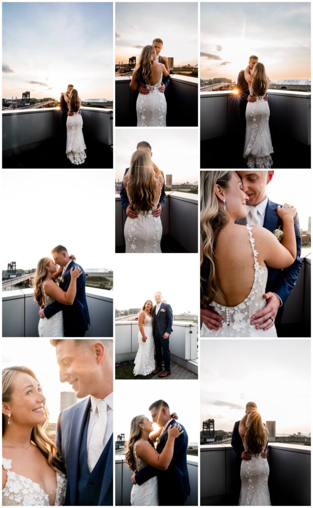 bride and hugging at sunset during aloft downtown cleveland wedding day