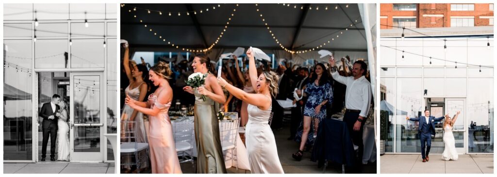 bride and groom being announced and guests clapping for wedding reception