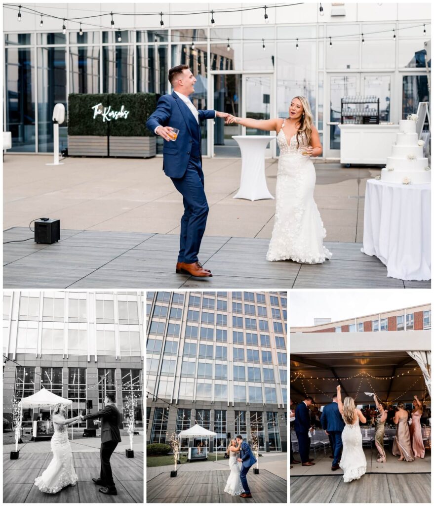 bride and groom dancing at lago custom events wedding outside aloft hotel