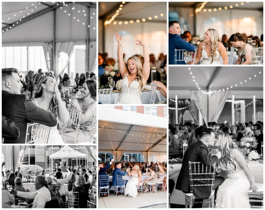 bride and groom reacting to speeches in tent at aloft downtown cleveland wedding