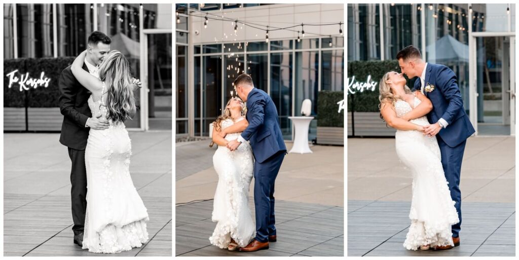 bride and groom dancing and kissing at aloft hotel wedding in cleveland